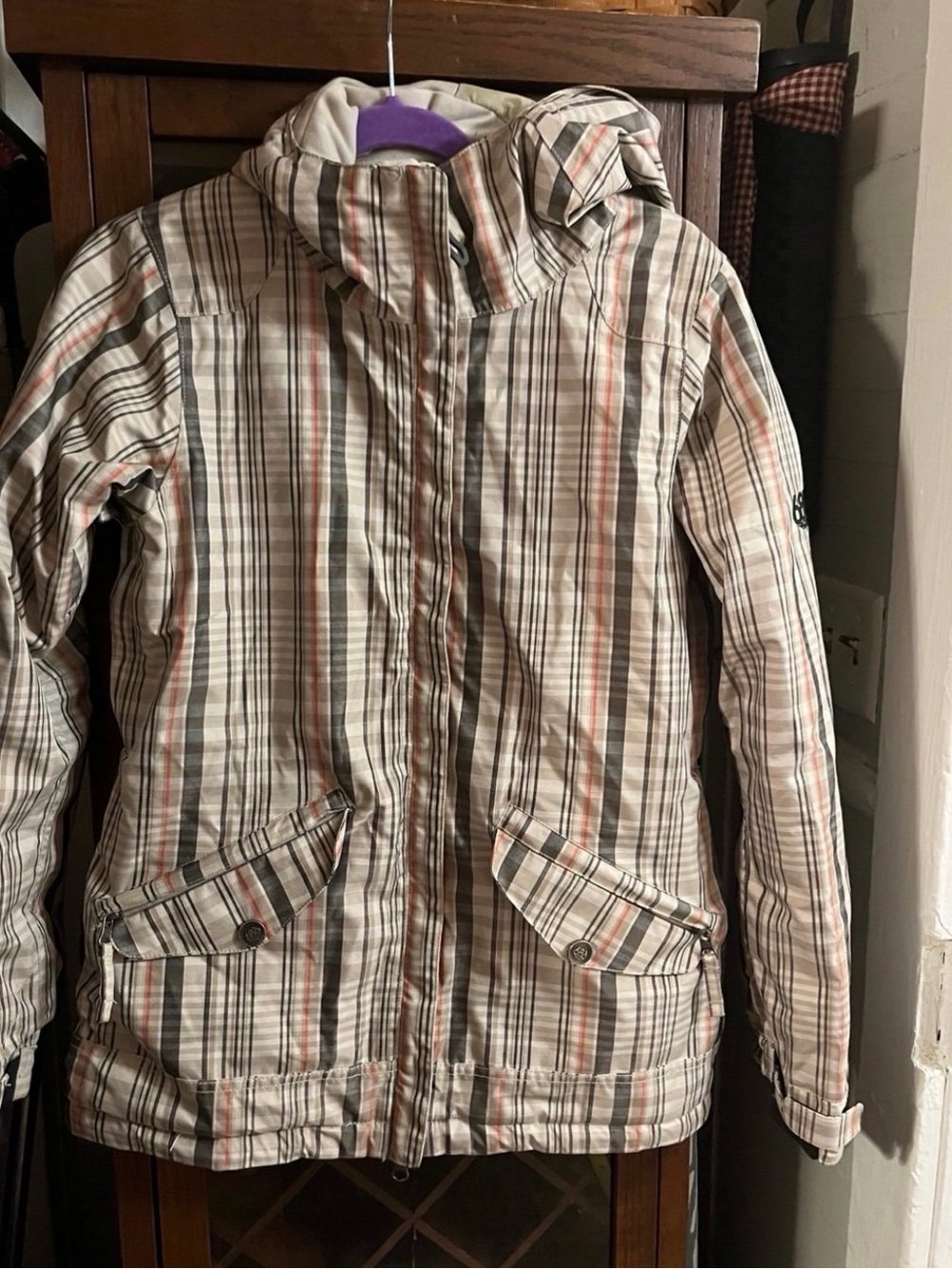 686 Women's Striped Hooded Ski Jacket in Beige, Black and Rust